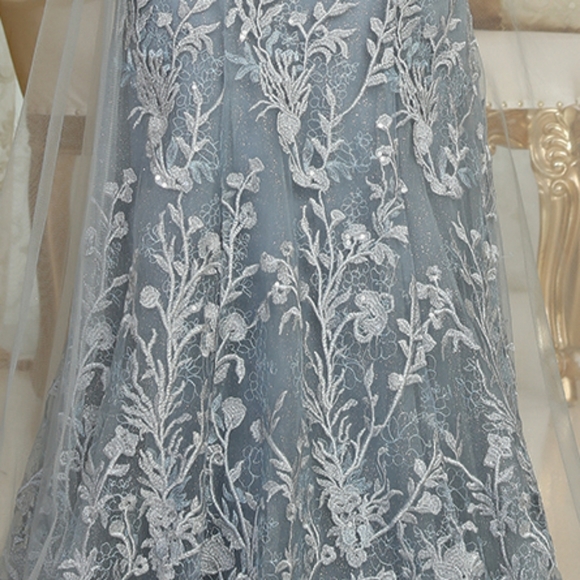 Dusty blue fitted lace applique beaded dress with lace up open back - Picture 4 of 8